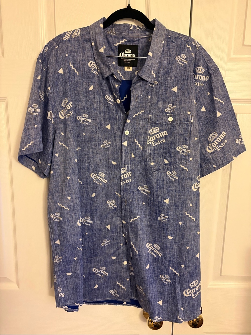 Corona Blue Short-Sleeve Button-Down Shirt with Logo Print
